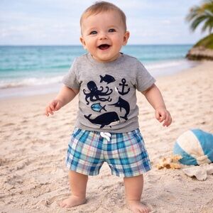 CARTER’S Graphic Tee & Plaid Shorts 2-Piece Matching Coord Set Embroidered Shirt